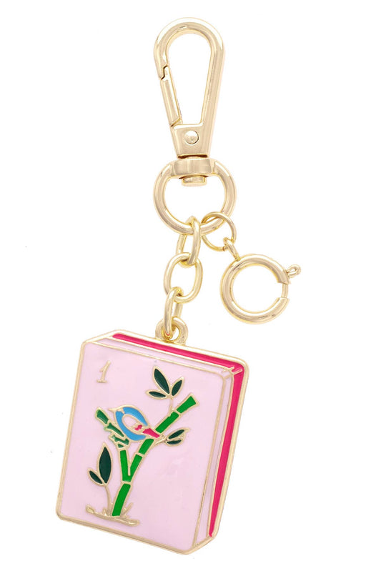 Canvas Style Mahjong Tile Enamel Bag Charm in Pink
