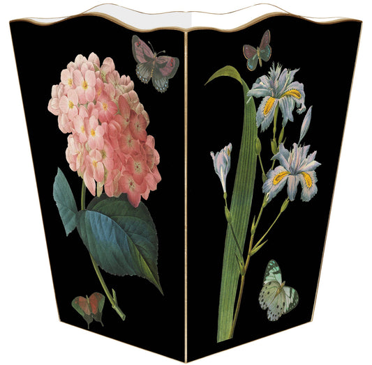 Marye-Kelley Pink Roses on Black Wastepaper Basket