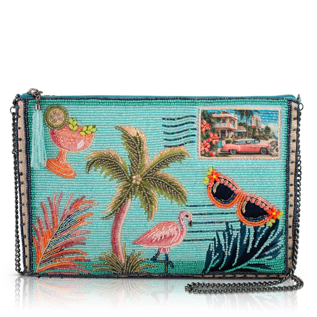 Mary Frances Coastal Notes Tropical Postcard Beaded Crossbody Handbag