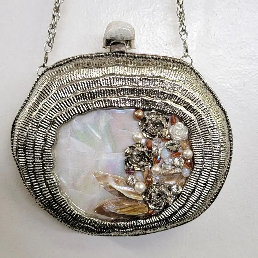 Jeweled Metal Mother of Pearl (MOP) Clutch (Silver)