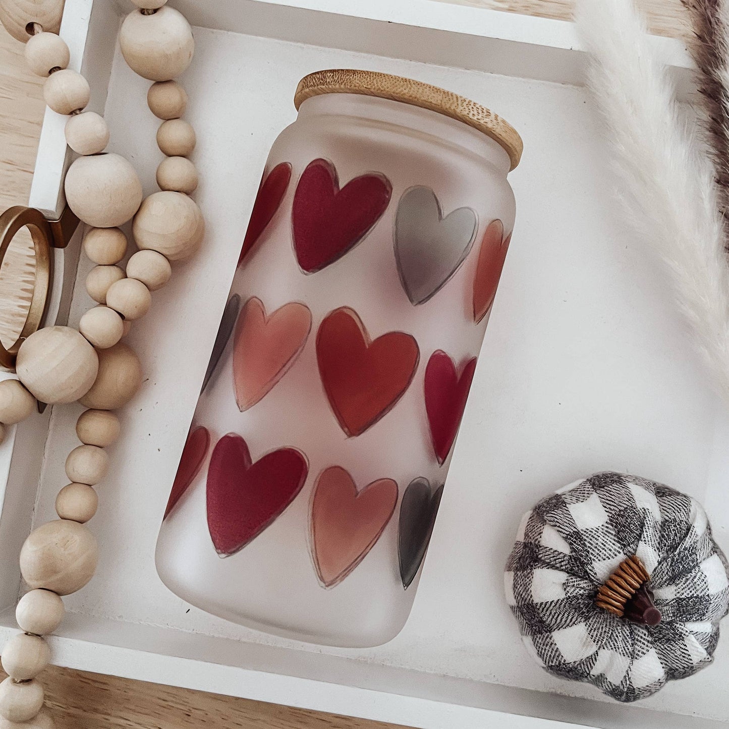 Boho Fall Hearts 16 oz Glass Cup with Bamboo Lid