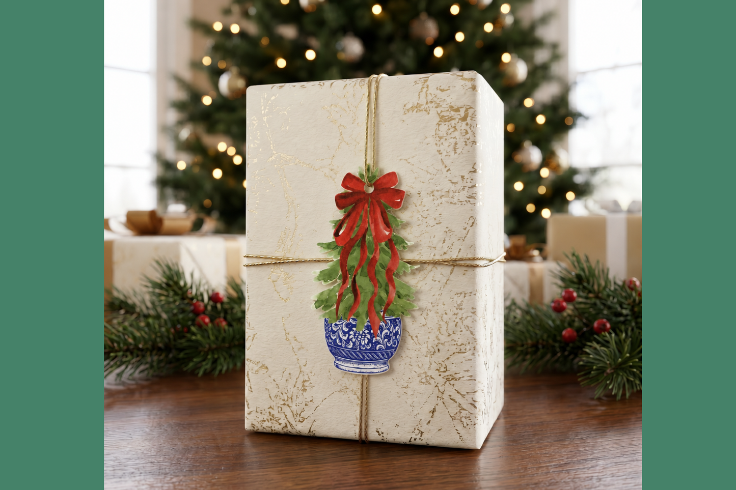 Design Carolinas Christmas Tree Die-Cut Gift Tag | Red Bow Chinoiserie Tags