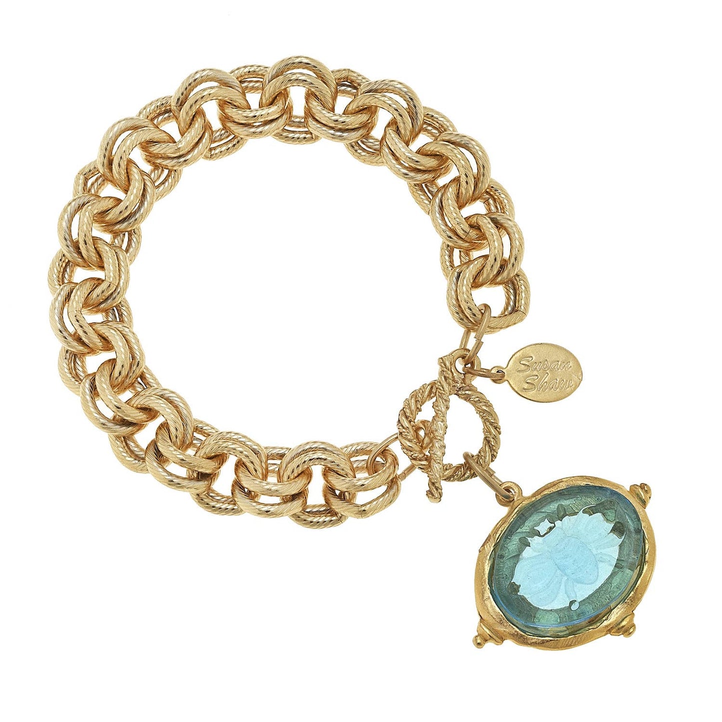 Susan Shaw Aqua Venetian Glass Bee Intaglio on Gold Chain Bracelet