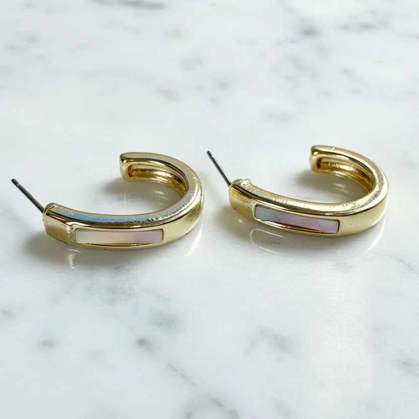 Mother-of-Pearl Inlay Gold Oval C-Hoop Earrings