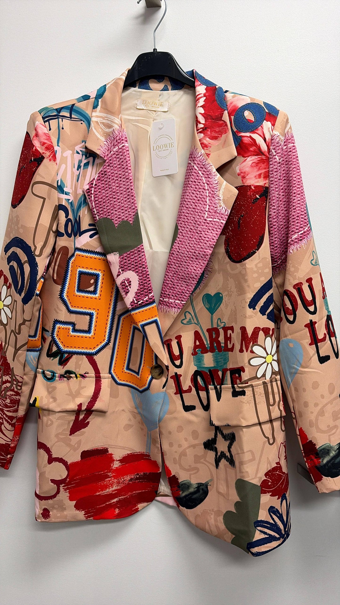 LOOWIE Italian Beige Pop Art Print Blazer, One Size