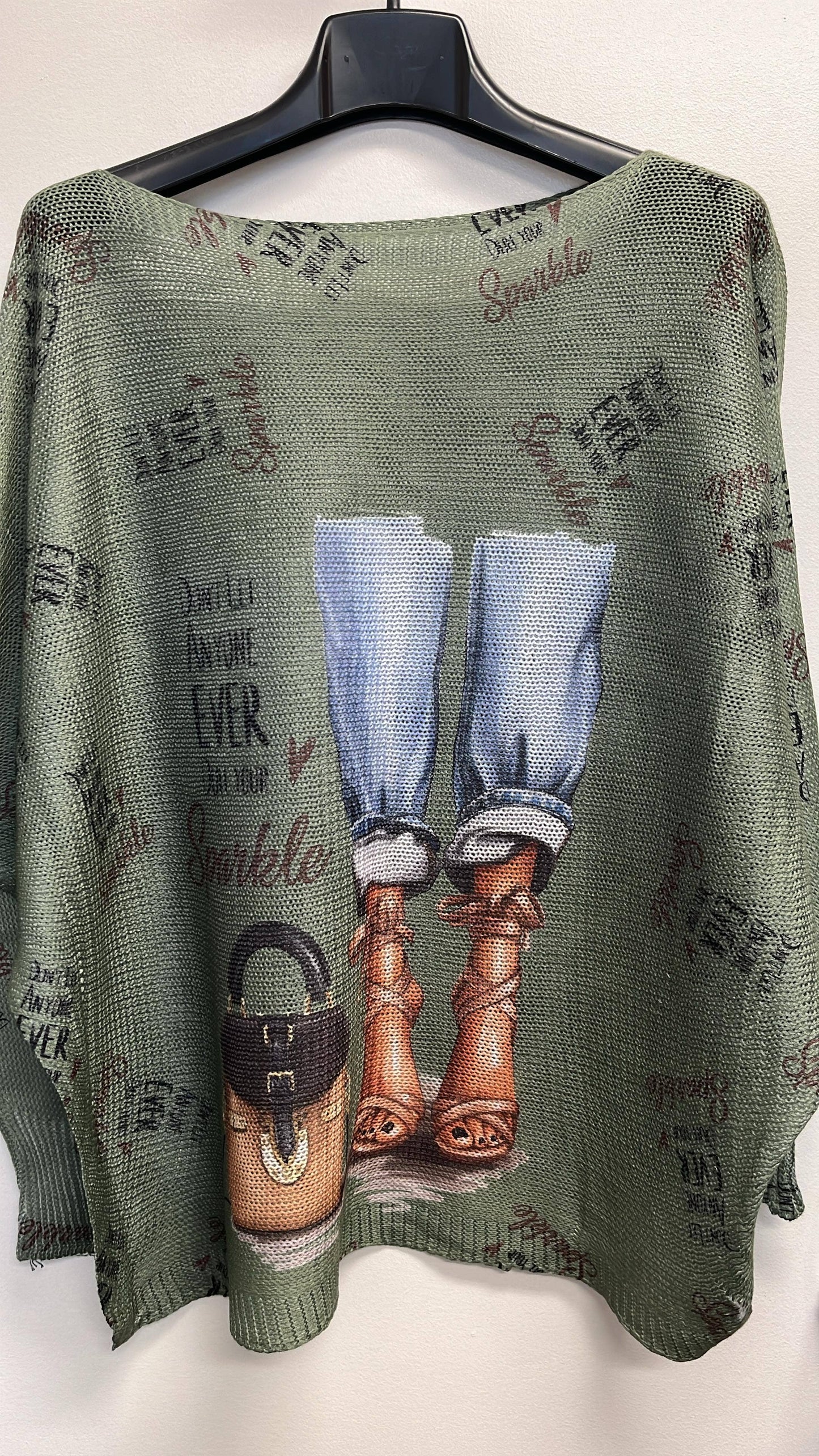 LOOWIE Olive Jeans Knit Printed Sweater, One Size