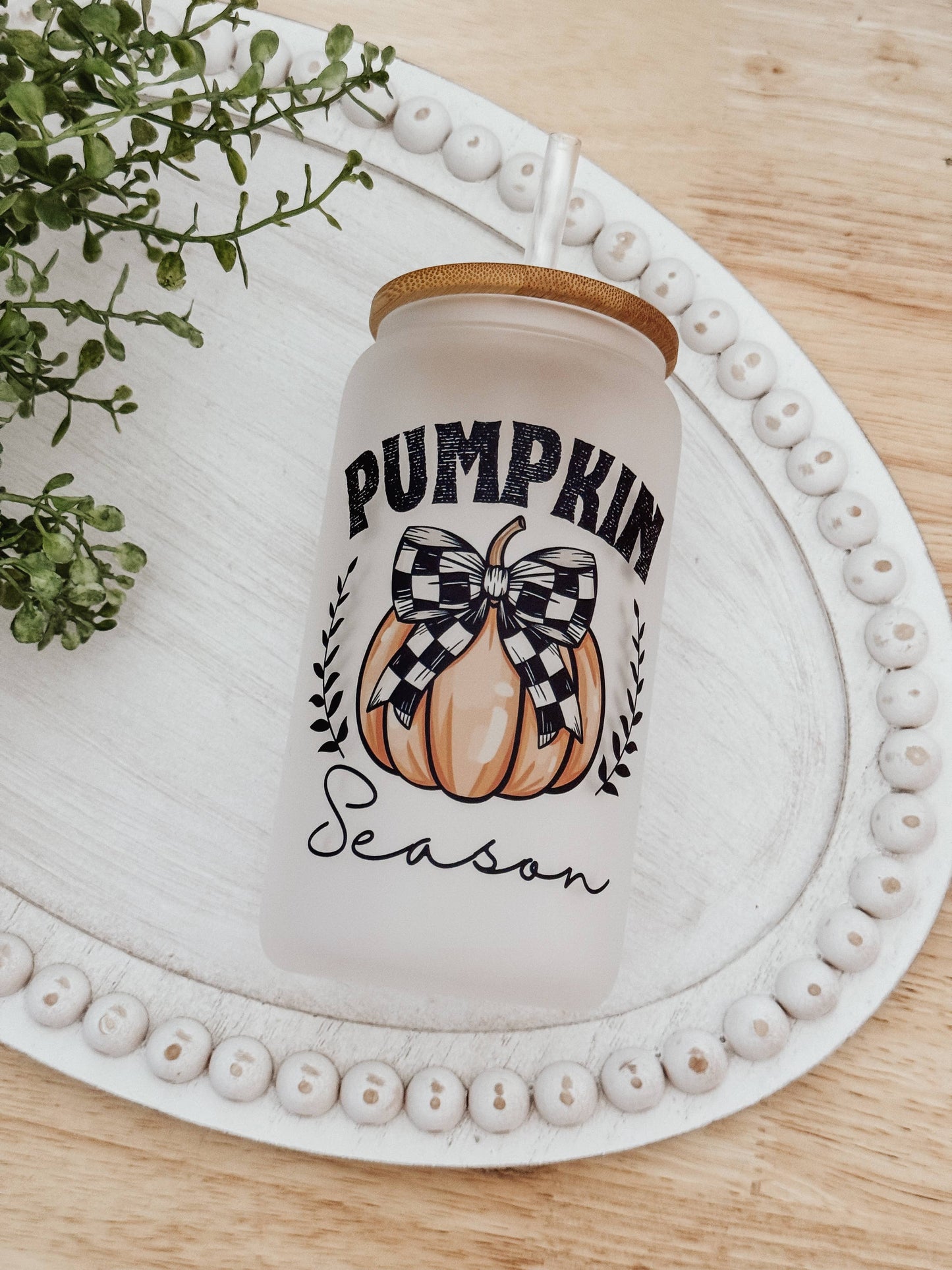 Pumpkin Season 16oz Glass Cup with Bamboo Lid 