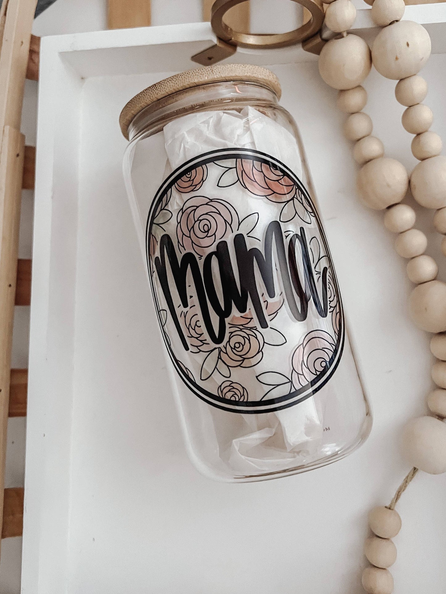 Mama Watercolor Floral 16 oz Glass Cup with Bamboo Lid