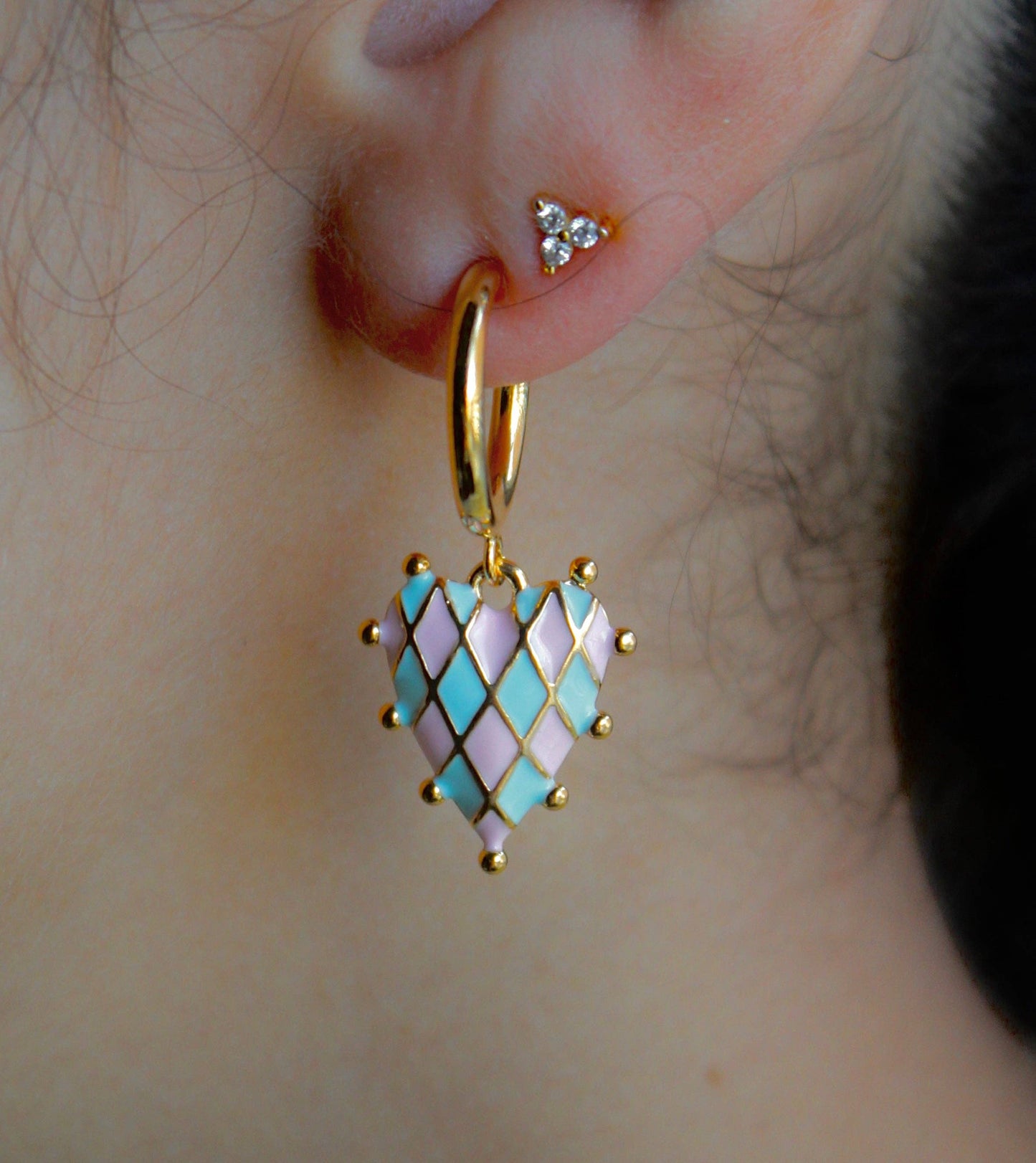 Vivian Grace Pink and Blue Checkerboard Heart Earrings - Gold Vermeil