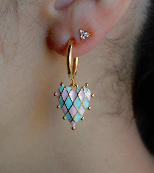 Vivian Grace Pink and Blue Checkerboard Heart Earrings - Gold Vermeil