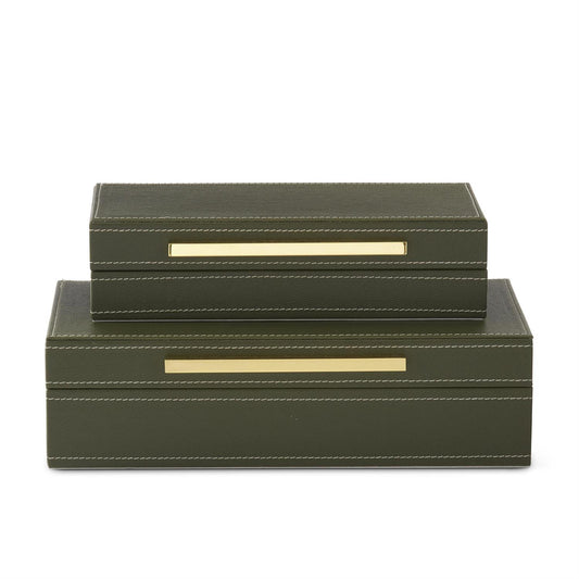 K&K Green Vegan Leather Felt Lined Hinged Nesting Box, Set of 2