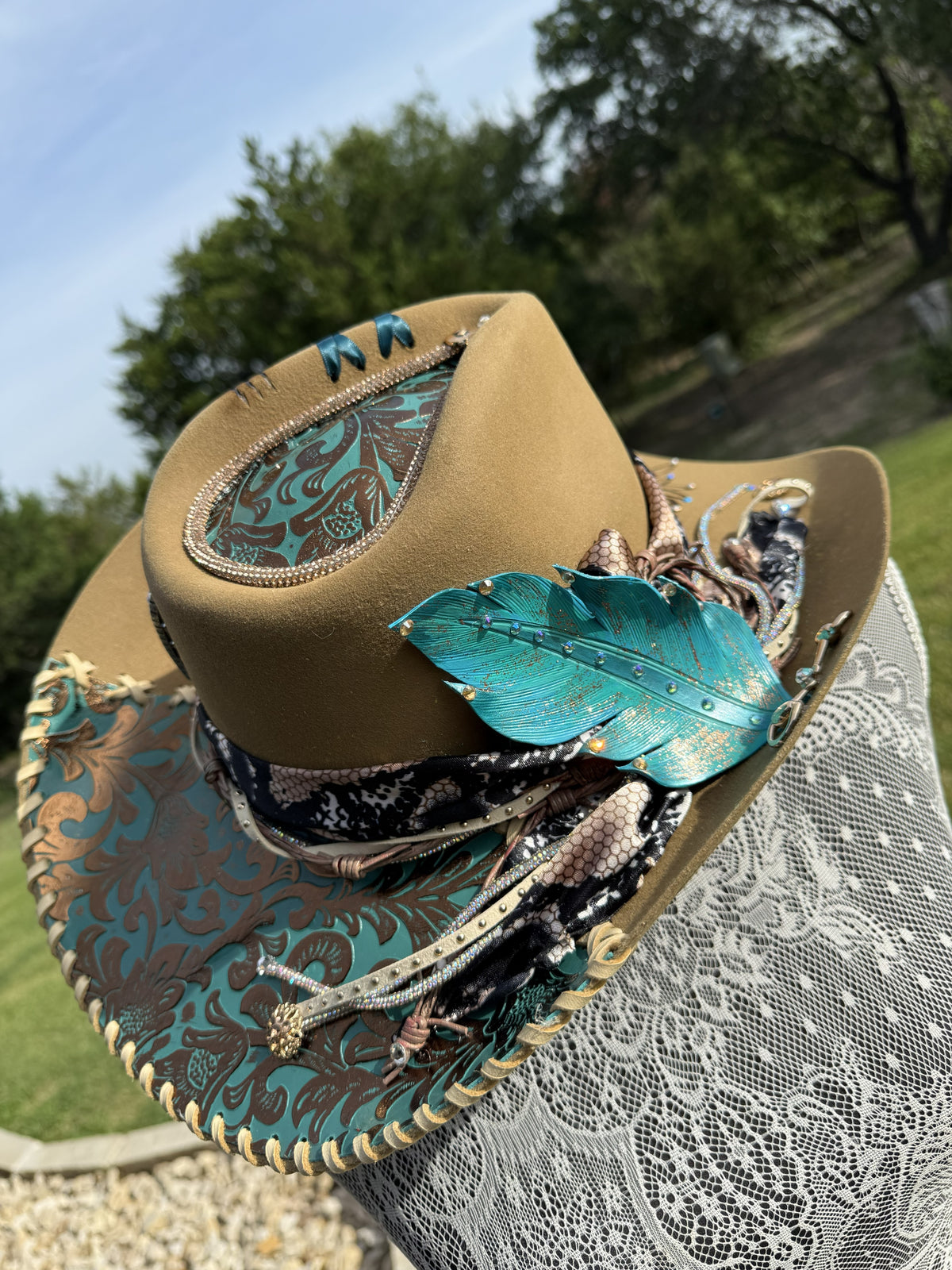 Annie’s Touch Wool Cowgirl Hat- Latte Western Turquoise Lether Patena