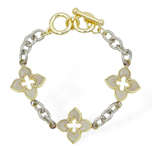 The "Avenue" Two-Tone Mother of Pearl Clover Link Bracelet