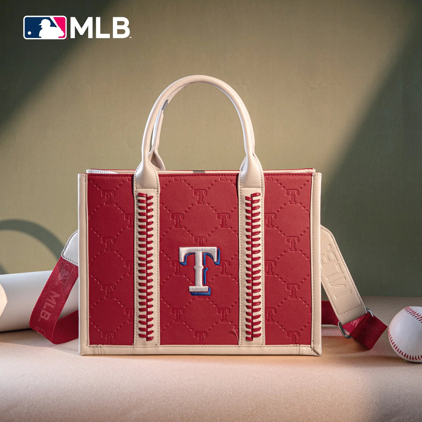 MLB Texas Rangers Women's Tote Bag with Embossing & Baseball Stitch Detailing