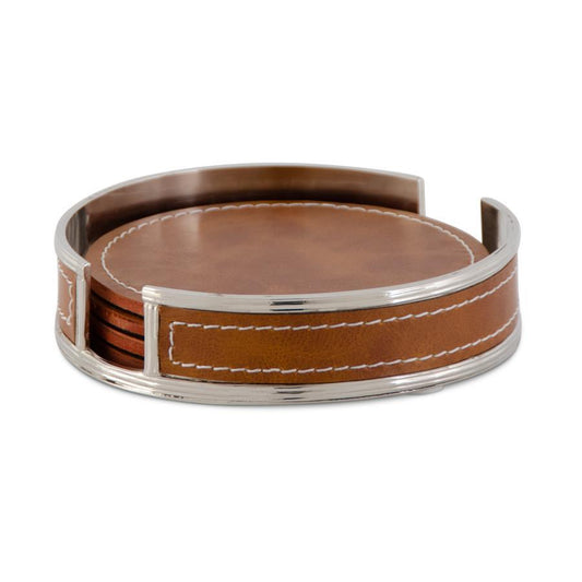 K&K Silver with Brown Leather Round Coasters, Set of 4, 5.5"