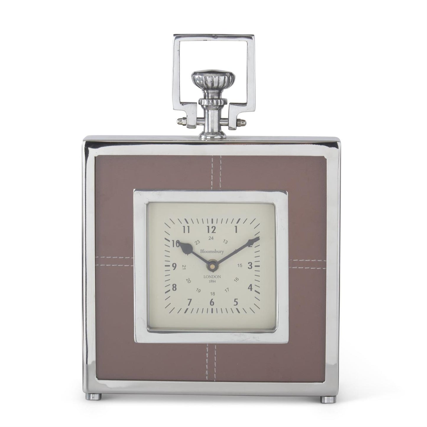 K&K Brown Vegan Leather & Silver Metal Clock, 14.25" Square