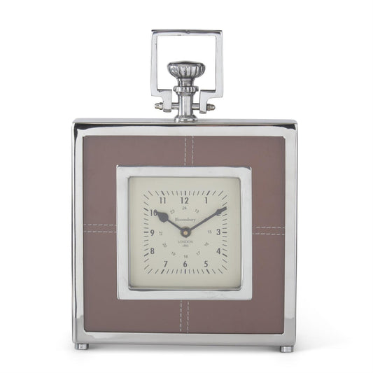 K&K Brown Vegan Leather & Silver Metal Clock, 14.25" Square