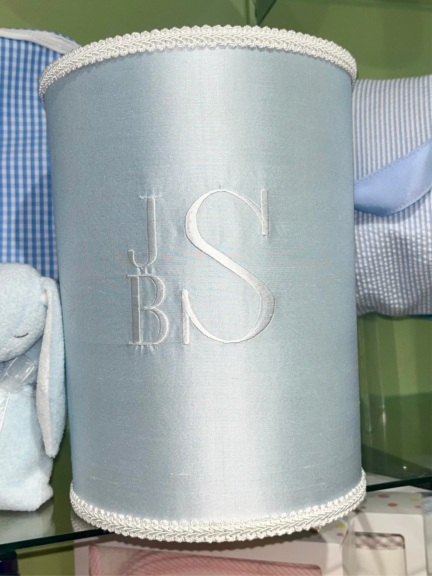 Jan Sevadjian Linen Fabric Custom Wastebasket with or without Monogram