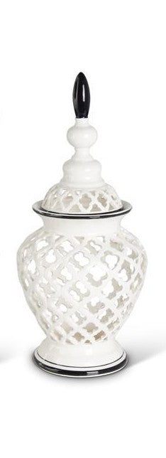 K&K White Lattice Cutout Lidded Ceramics with Black Accents