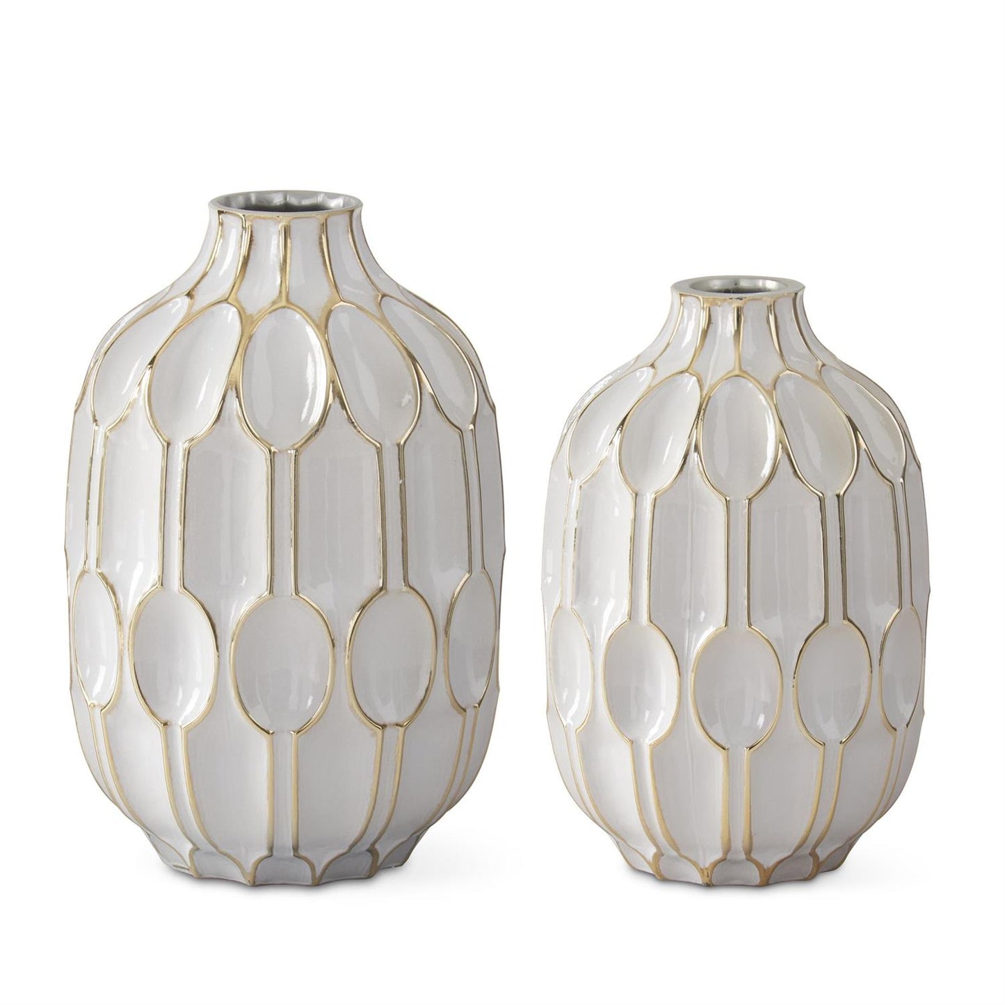 K&K White Glass & Gold Oval Embossed Vases, Set of 2