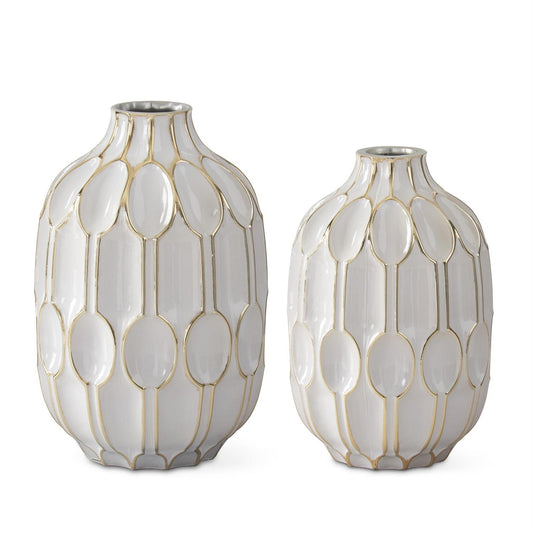 K&K White Glass & Gold Oval Embossed Vases, Set of 2